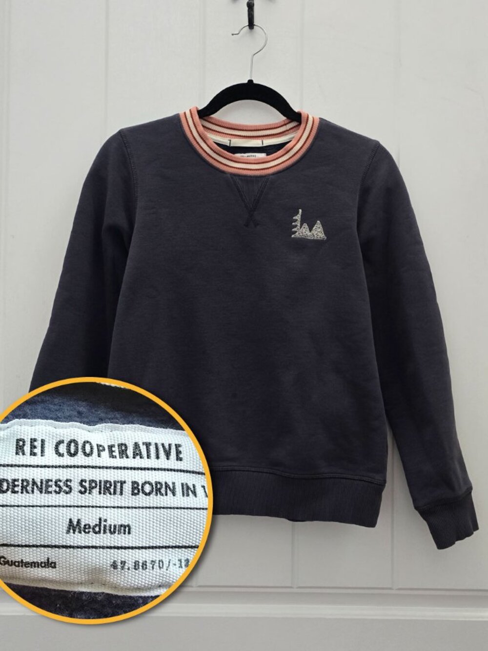 REI Co-op Sweatshirt Sz M Charcoal Striped Collar Embroidered Mountain